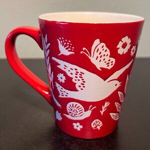 Red Folkloric Folk Art Style Embossed Incised Bird Leaf Dragonfly Floral Cup Mug
